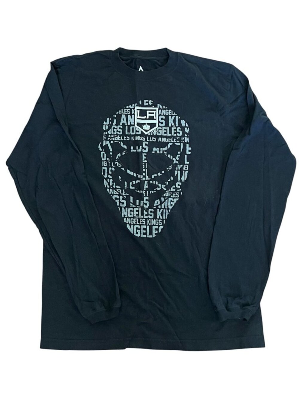 Vtg Y2K LA Kings Hockey Goalie Mask Text Long Sleeve Black T Shirt Men's LG Crew
